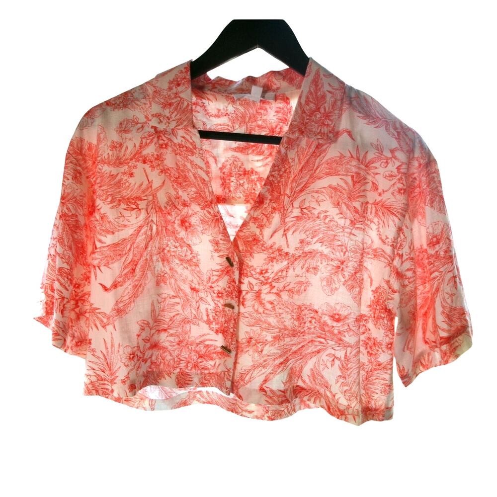 Kurious Los Angeles Tropical Linen Blend Button Front Crop Top Women's S